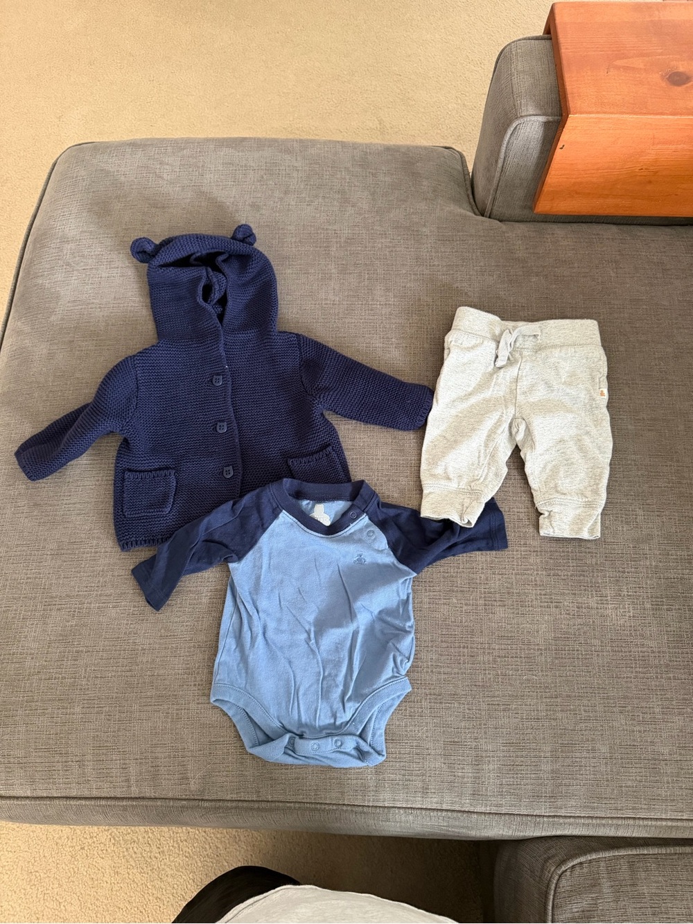 Gap Boy Set - Navy Hooded knit cardigan, Blue Bodysuit, Light Gray Pants